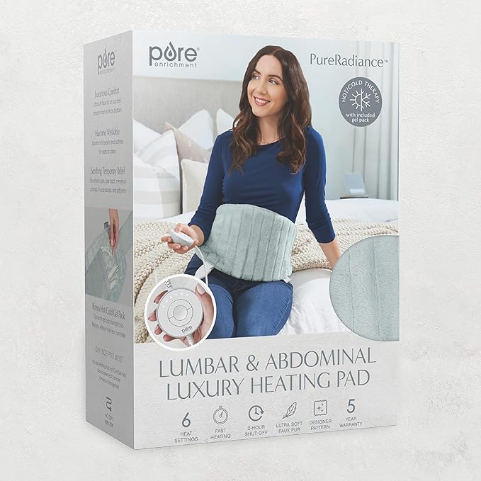 Pure Enrichment PureRadiance Lumbar & Abdominal Luxury Heating Pad for Pain Relief, Patented Design, Soft Faux Fur & Micromink, 6 Heat Settings, Adjustable, Machine Washable, 9.5”x19.7” (Aquamarine)