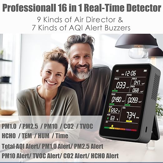 Professional Indoor Air Quality Monitor with AQI Alerts, Portable Real-Time Detector for Home, Car, Plants & Pet