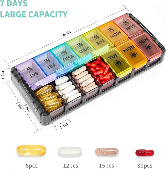 FGcase Large Pill Organizer 2 Times a Day 7 Day AM PM Pill Box Organizer with Lock, Easy Fill and Detachable Design, Travel Medicine Box for Vitamins and Pills, Black Rainbow