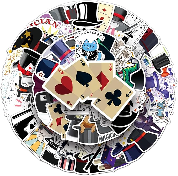 53pcs Magician Stickers, Waterproof Vinyl Stickers with Rabbit, Poker, Hat & Magic Wand Patterns, Suitable for Kids & Adults, Decor for Laptop, Phone