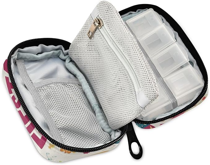 White Fiesta Guitars Skulls Hats Travel Pill Organizer Case Box Container Weekly Portable Vitamin Medicine Holder Storage Bag with Zipper Removable