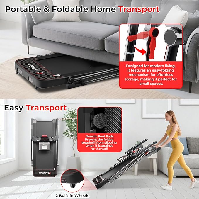 SubSun Foldable Treadmill for Home, Portable Walking Pad with Handle, Manuall/Auto/No Incline, 2.5HP Treadmill with 265 Lbs, Black/White