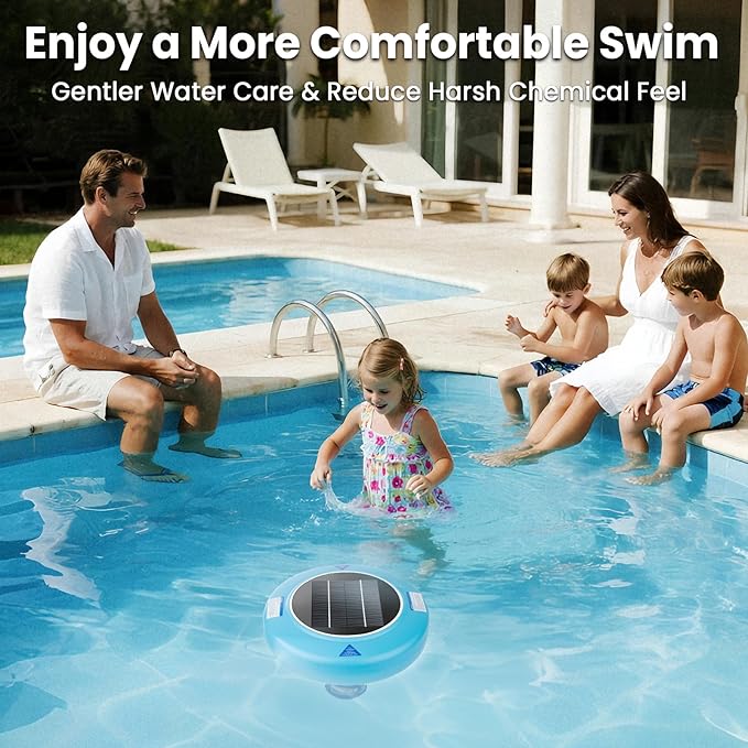 Solar Pool Ionizer – Floating Water Purifier for Pools Up to 45,000 Gallons, Large Solar Panel & Copper Anode, Clear Water with Less Effort