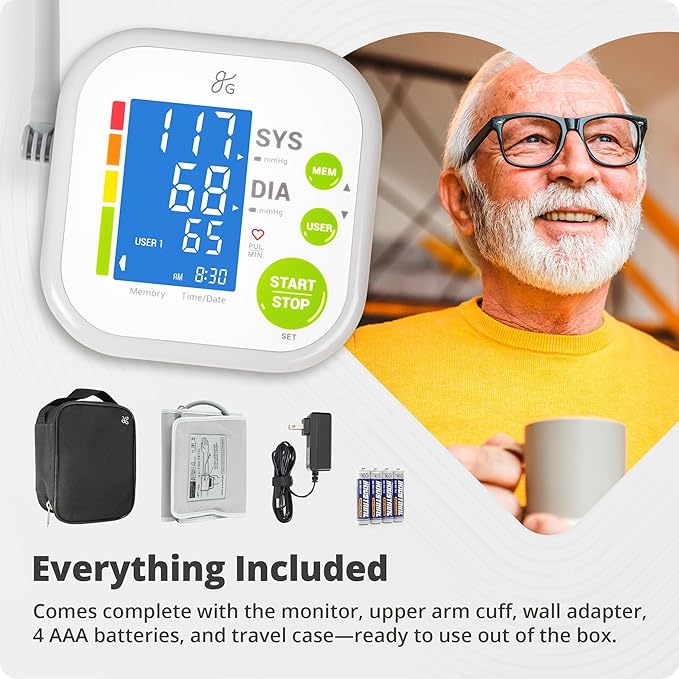 Greater Goods Upper Arm Blood Pressure Monitor for Home Use – Automatic One-Touch BP Machine, Wide-Range Cuff (8.7”–16.5”), Large Backlit Display, 2-User Memory, Complete Kit