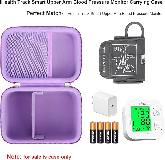 Elonbo Carrying Case for iHealth Track Smart Upper Arm Blood Pressure Monitor, Wireless Bluetooth Blood Pressure Monitor Travel Protective Bag Storage Holder, Mesh Pocket fits Range Cuff, Purple