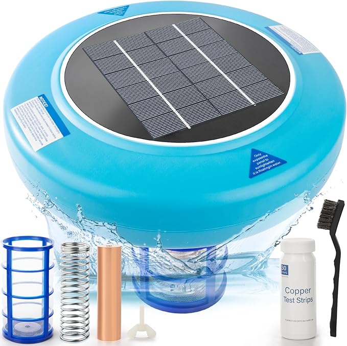 Solar Pool Ionizer – Floating Water Purifier for Pools Up to 45,000 Gallons, Large Solar Panel & Copper Anode, Clear Water with Less Effort
