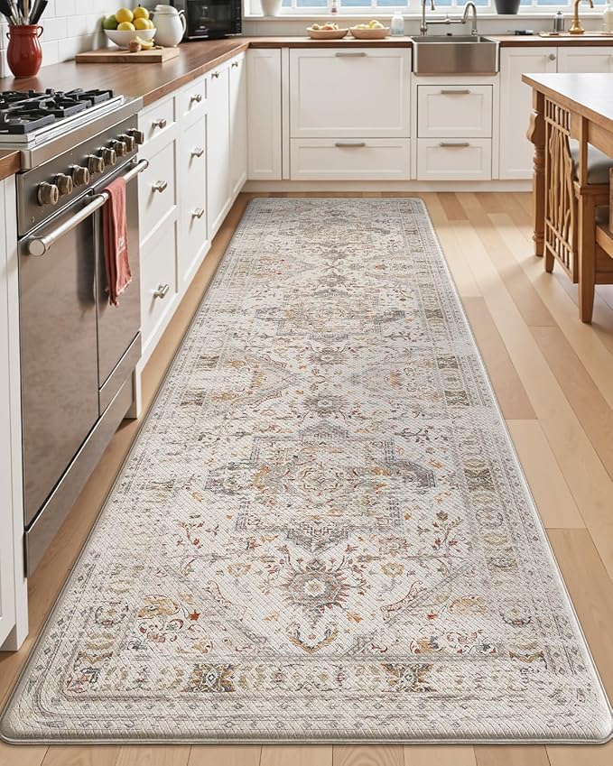 LUMI Kitchen Mat Anti Fatigue Cushioned, Memory Foam Padded Standing Rug Washable, Non Slip Comfort Floor Runner for Home, Sink, Laundry, Office, 24"x87", Creamy White