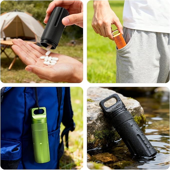 Pill Holder Keychain Container,Portable Aluminum Alloy Waterproof Pill Box for Purse Pocket,Large Capacity Pill Case for Outdoor Travel Camping Daily Use-3PCS