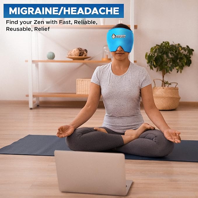Weighted Eye Mask Migraine Headache Relief Ice Cap, Reusable Head Wrap Cold Pack, Head Ice Pack Cap Hot/Cold Therapy Soft Eye Mask for Puffy Eyes, Sinus, Tension & Stress - Non-Toxic Latex Free