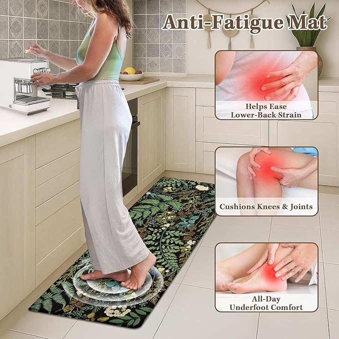 Arttown Kitchen Mats for Floor 2Pcs-Anti Fatigue Non Slip Mats for Kitchen Floor, Cushioned Waterproof & Stain-Resistant Plant Floral Mat Set, Laundry Room, Office, Sink, Desk (Green)
