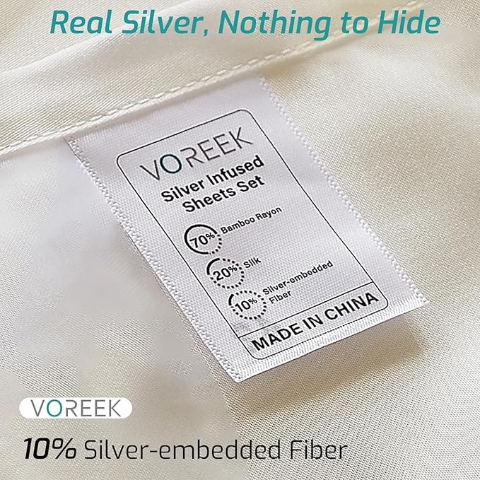 Silver Infused Bed Sheets - 20% Silk Blend Sheet with Self-Cleaning Technology for 3X Freshness Sleep, Luxe Soft Temperature Regulating Cooling Sheets for Hot Sleep (PearlWhite,King)