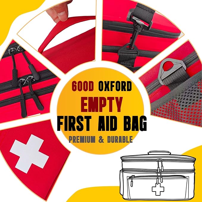 2-Layer First Aid Bag Empty 15¾”x 9½”x7” Medical Bag Red Pill Bottle Box Portable Emergency Bag for Outdoor Travel & Home Use, Medicine Kit Organizer Case with Shoulder Strap (Large)