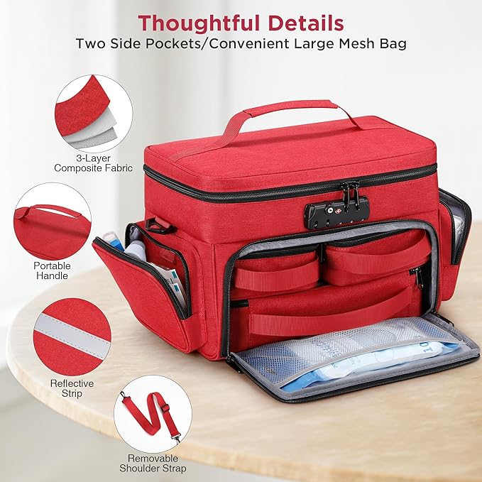 Zannaki Medicine Bag with 3 Removable Pouches, First Aid Bags Empty with Combination Lock, Double Layers Pill Bottle Organizer with Shoulder Strap, Large Medication Travel Storage for Medical Supplies