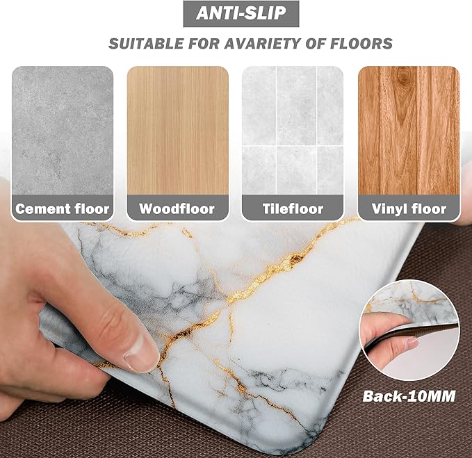 Kitchen Mats for Floor Anti Fatigue Floor Marble Cushioned Memory Foam PVC Leather Non Slip Padded Comfort Standing Rugs Set of 2, 17.3x28+17.3x47 Inch,0.4 Inch Thick