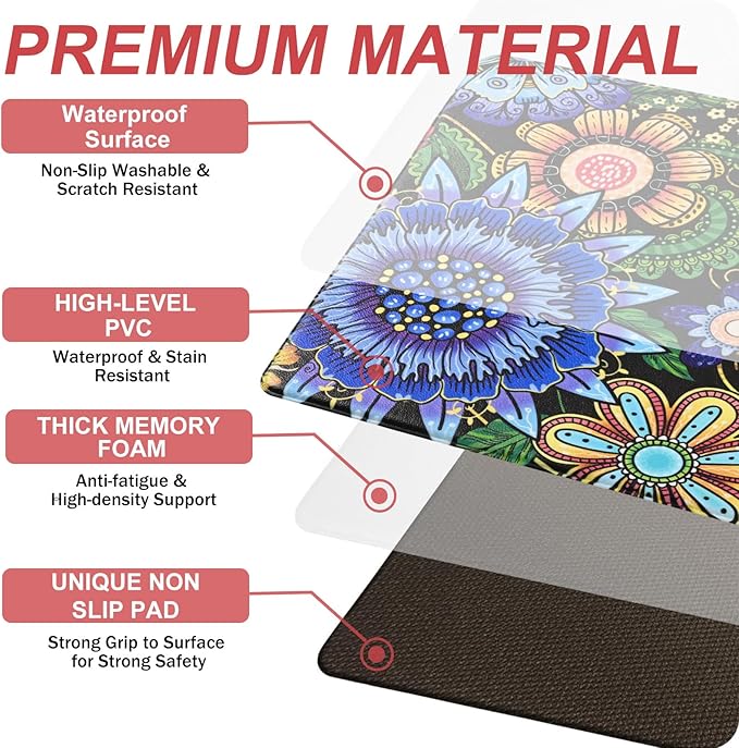 Likiyol Boho Kitchen Rugs, Boho Floral Anti Fatigue Kitchen Mat for Floor, Bohemian Flowers Non Slip Washable Kitchen Floor Mats, Comfort Standing Mat, 18'' x 30'' + 18'' x 60''