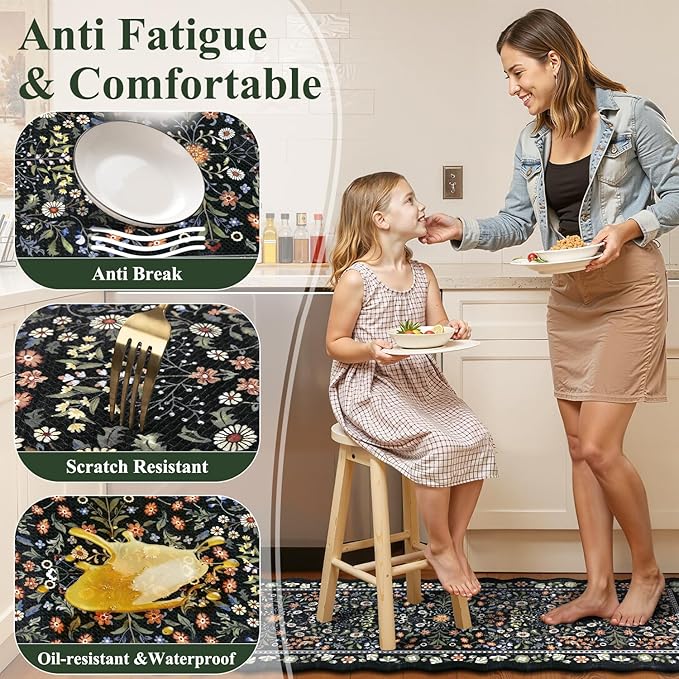Yamaziot Anti Fatigue Kitchen Rugs Set of 3 - Boho Non Slip Waterproof Kitchen Mats for Floor, Boho Runner Rug for Kitchen Floor, Laundry, Desk, Bar, Office, 17.3"x29"+17.3"x35"+17.3"x47", Black