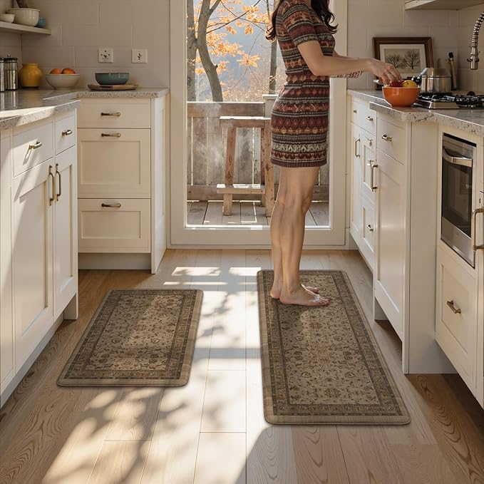 KIMODE Comfort Kitchen Floor Mats Cushioned Anti Fatigue,Boho Farmhouse Rugs for Floor Sets of 2,Memory Foam Ergonomic Kitchen Mat Non Slip for Laundry Office Bathroom Decor,Brown