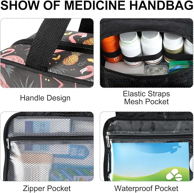 Fustylead Cute Pink Flamingo and Butterfly Pineapple Travel Medicine Organizer Bag Home Storage First Aid Kit Large Pill Case with Zipper for Pill Bottle, Vitamins, and Medical Supplies
