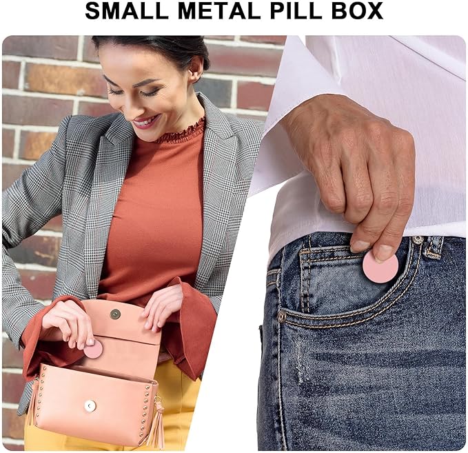 Small Metal Pill Box & Metal AM PM Pill Case - Daily Pill Container Portable Travel Pill Holder for Pocket Purse Medicine Organizer for Vitamin/Fish Oil/Supplements, 1 Pack Pill Case Pink