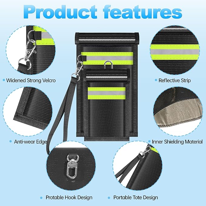 2 Pack Faraday Bags,Portable Faraday Key Fob Protector EMP Protection Bags,Faraday Bags for Phones,Faraday Pouch for Key Fob with Reflective Strip,Water Resistant,Fire Retardant,Foldable,Black