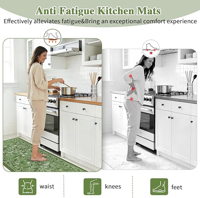 Kitchen Rugs Sets of 3 Green Botanical Floral Anti-Fatigue Kitchen Mat, Waterproof Non Slip Comfort Standing Mat Rug for Home, Sink, Laundry 17.3"x29.5"+17.3"x47.2"+17.3"x59"