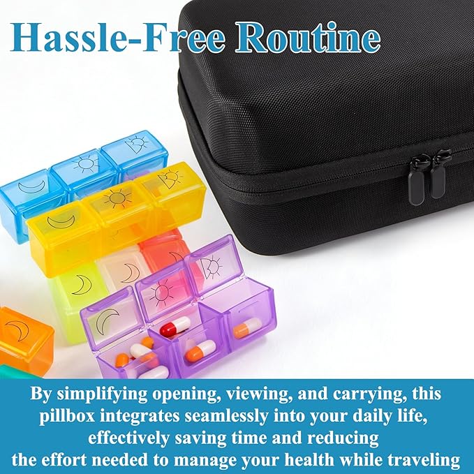 Monthly Pill Box Organizer 3 Times a Day, Travel Medicine Organizing Bag with Portable Hard Shell, Medical Supplies with 32 Daily Compartments, Pill Holder for Vitamin, Fish Oil, Supplements