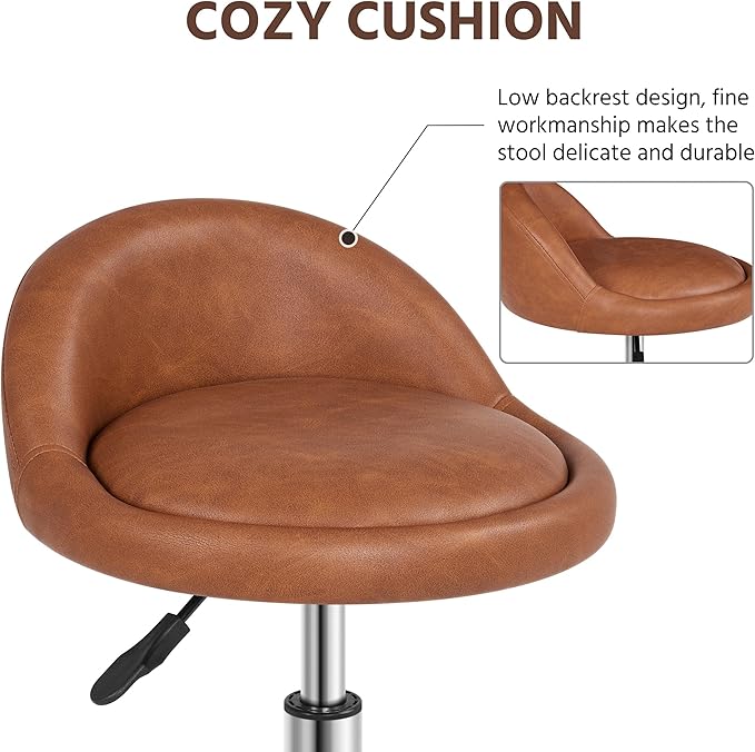 Yaheetech Rolling Stool Adjustable Swivel Stools Chair with Wheels & Back Support Round Tattoo PU Leather Salon Stools for Massage Spa, Retro Brown
