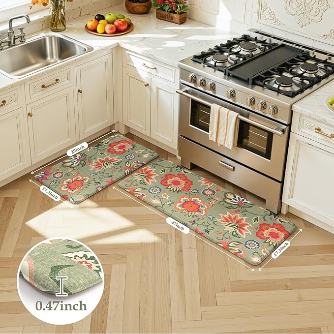 LEEVAN Anti Fatigue Mats for Kitchen Floor 2 Piece,Cushioned Memory Foam Green Kitchen Mats for Floor,Comfort Floral Boho Non Slip Kitchen Floor Mat for Sink,Laundry,Office(17''x29''+17''x47'')