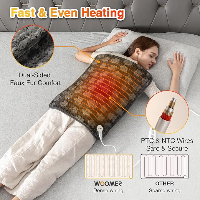 Woomer Faux Fur Electric Heating Pad for Back Pain Relief, Extra Large 20” x 24”, Extended Coverage from Neck to Hip, Two-Sided, Moist Mode, ETL Certified, 6 Adjustable Heats & 2H Auto-Off,Grey