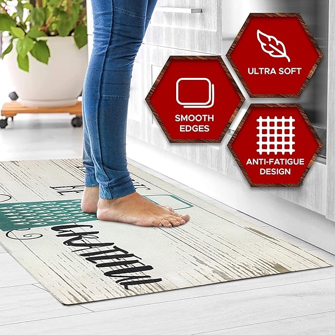 J&V TEXTILES Kitchen Mat Cushioned Anti Fatigue Floor Mat,19.6"x55", Thick Non Slip Waterproof Kitchen Rugs and Mats, Standing Mat for Kitchen,Floor,Home,Office,Desk,Sink,Laundry (Always Be Grateful)