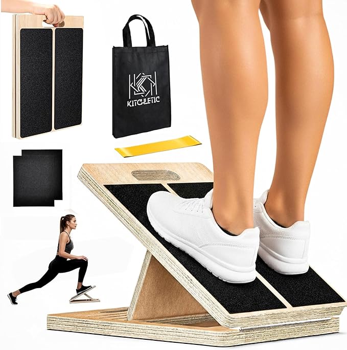 Adjustable Wooden Slant Board for Calf Stretching, Squats & Physical Therapy – Portable Incline Stretch Board for Ankle, Knee, Heel & Foot Mobility with 2 Extra Sand Papers, Carry Bag & Mini Loop Band