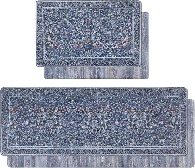 U'Artlines Double-Sided Kitchen Rugs Set of 2,Kitchen Anti Fatigue Mats Non Slip Padded Floor Standing Desk Mat,PVC Waterproof & Stain Resistant Carpet Blue Floral Rugs for Laundry Room Office Sink