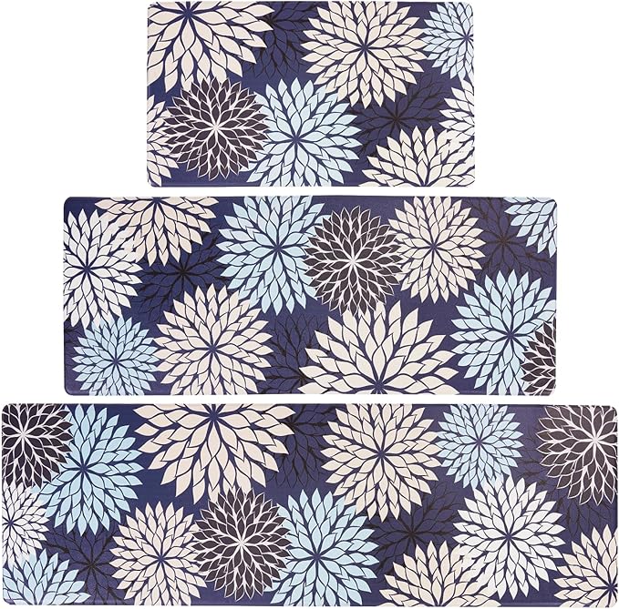 PVC Anti-Fatigue Kitchen Mats Set of 3, Non-Slip Kitchen Rugs, Comfort Standing Runner Rug, Multipurpose Indoor Mats for Laundry, Office, Bedroom, Sink, Bathroom, Dark Blue