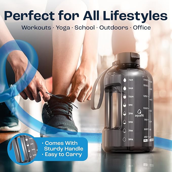 AQUAFIT 64 oz Water Bottle with Time Marker - Straw & Chug Lid - BPA Free Half Gallon Gym Water Bottle with Handle - Big Gallon Jug (Nebula, 64 Ounces)