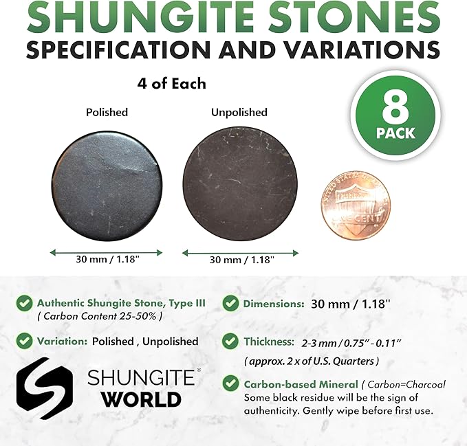 8 pcs Shungite Stickers Set Round 30 mm Polished and Unpolished (4 of Each) for Cell Phone Case Tablet Laptop Computer - Energy Shungite Stones Protection Plate with Carbon Fullerenes