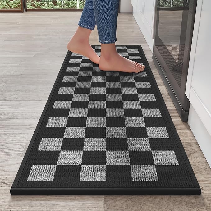 Kitchen Mats for Floor Kitchen Rugs Non Slip Washable, Super Absorbent Linen-Look Woven Runner Rug, Kitchen Sink Mat Standing Mat, Black Gray Checkered 17"x47"