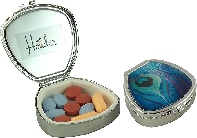 Houder Designer Pill Box - Decorative Pill Case with Gift Box - Carry Your Meds in Style (Peacock Feather)