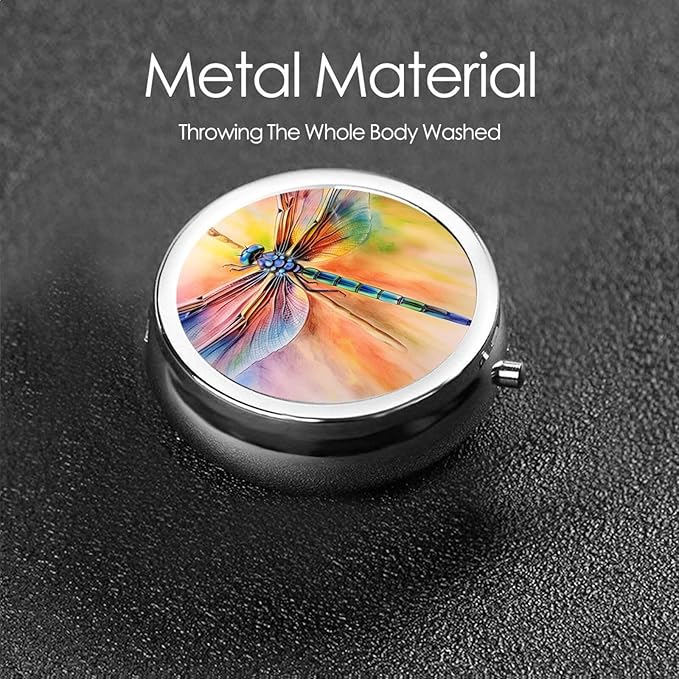 Hand Draw Retro Dragonfly Pill Box 3 Compartment Pill Case, Portable Medicine Pill Organizer for Pocket Purse Pill Box Decorative Metal Medicine Vitamin Organizer