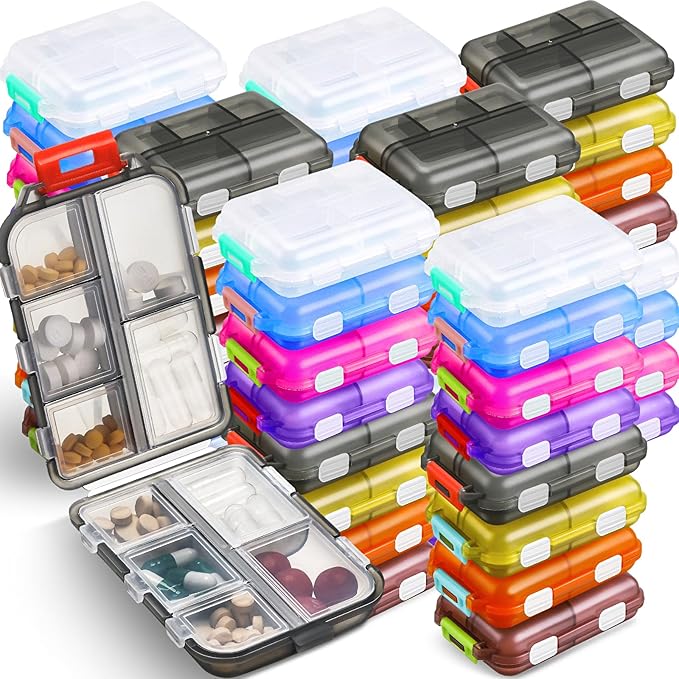 Mumufy 56 Pcs Travel Pill Organizer Bulk 10 Compartments Pocket Portable Pill Case Daily Box Dispenser for Vitamin Fish Oil Compartments Different Medicines, 8 Colors