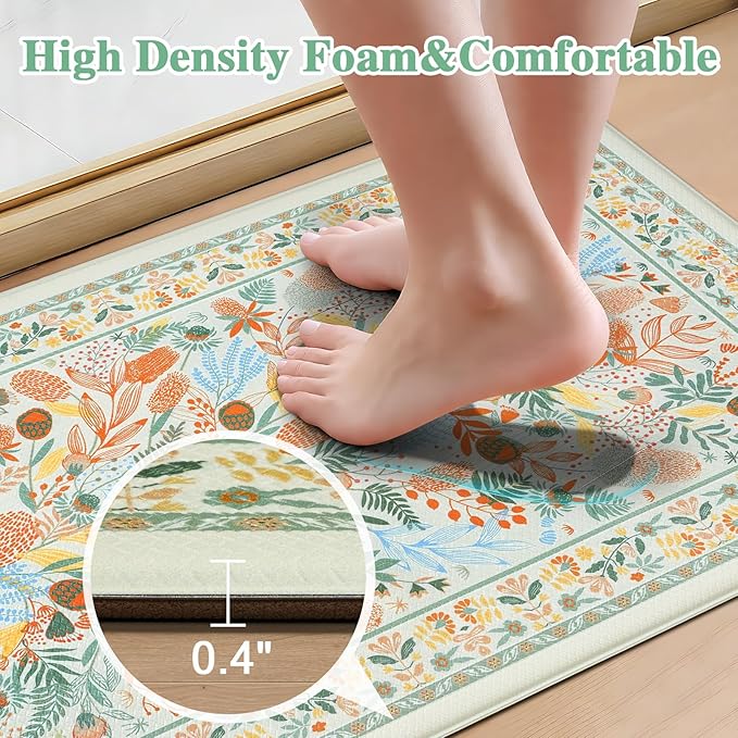 Kitchen Rugs Sets of 3 Cushioned Anti Fatigue Kitchen Mats for Floor, Non Slip Waterproof Vintage Botanical Floral Runner Rug, Comfort Standing Mat for Laundry, Sink, Office Beige