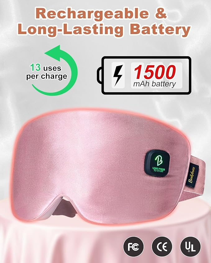 BeeVines Cordless Heated Eye Mask for Dry Eyes, Washable Heat Eye Masks for Blepharitis, Warm Eye Compress for Men & Women, 1500mAh Rechargeable Eye Warmer with Travel Pouch(Pink)