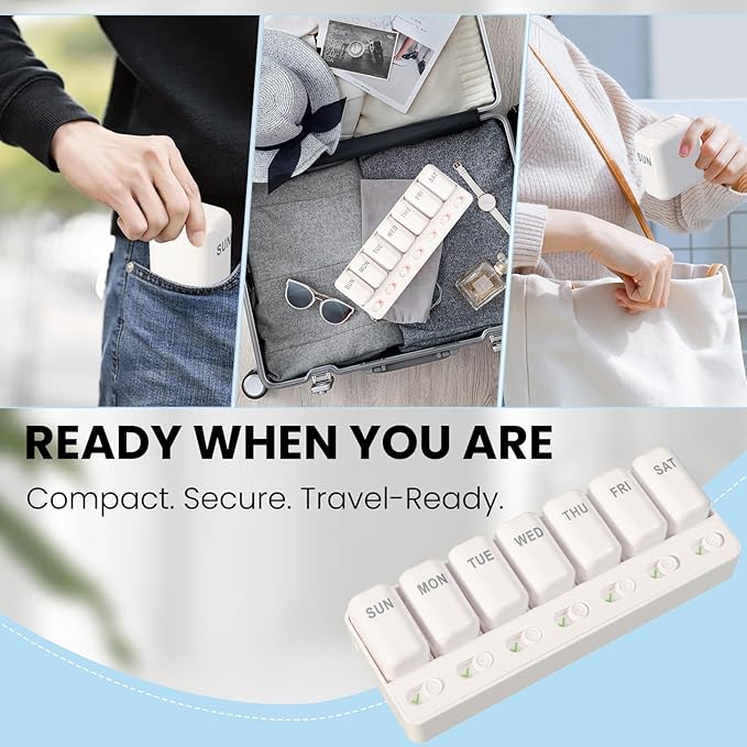 Weekly Pill Organizer with Taken/Untaken Tracker – Never Forget or Double-Dose Your Medication, Large Daily Compartments for Vitamins & Supplements, Vitamin, White