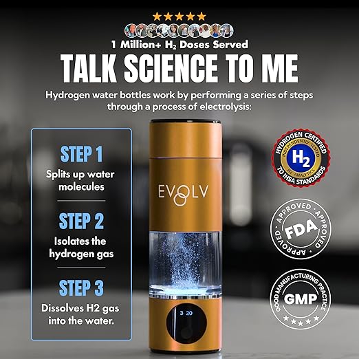 EVOLV Hydrogen Water Bottle Generator – SPE & PEM Water Ionizer 5.4PPM, Highest H2 Concentration – Portable 8oz Hydrogenated Water Bottle – Leak-Proof Hydrogen Water Machine, Easy to Use – Champagne