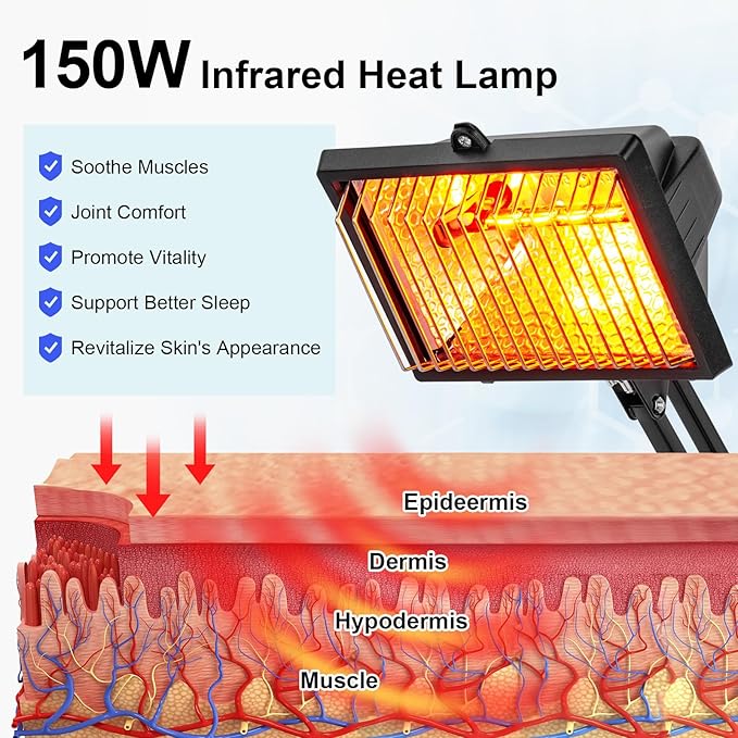 Infrared Lamp, 150W Infrared Heat Lamp, Red Light Therapy Lamp for Body Muscle Neck Shoulder Joints Back Pain Relief, Heat Lamp Device with Adjustable Sturdy Stand Timer
