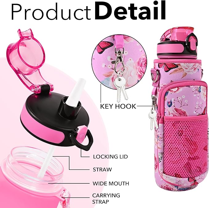 32 oz Water Bottles with Straw & Strap, Motivational Water Bottles with Times to Drink, BPA Free Reusable Sports Water Bottle with Sleeve Carrier for Hiking, Travel, Running or Fitness