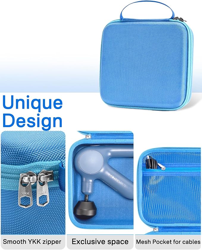 RAIACE Massage Gun Case, Hard Travel Storage Case Compatible with TheraGun Relief Percussion Massage Gun Device, Carrying Bag with Mesh Pocket for Cables and Other Accessories. (Case Only) - Blue