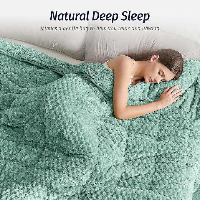 Wemore Fleece Weighted Blanket for Adults (60" x 80" 15lbs, Green), Dual Sided Cozy Soft Sherpa Heavy Blanket, 3D Imitation Turtle Shell Warm Jacquard Flannel Weighted Blankets for Couch and Bed