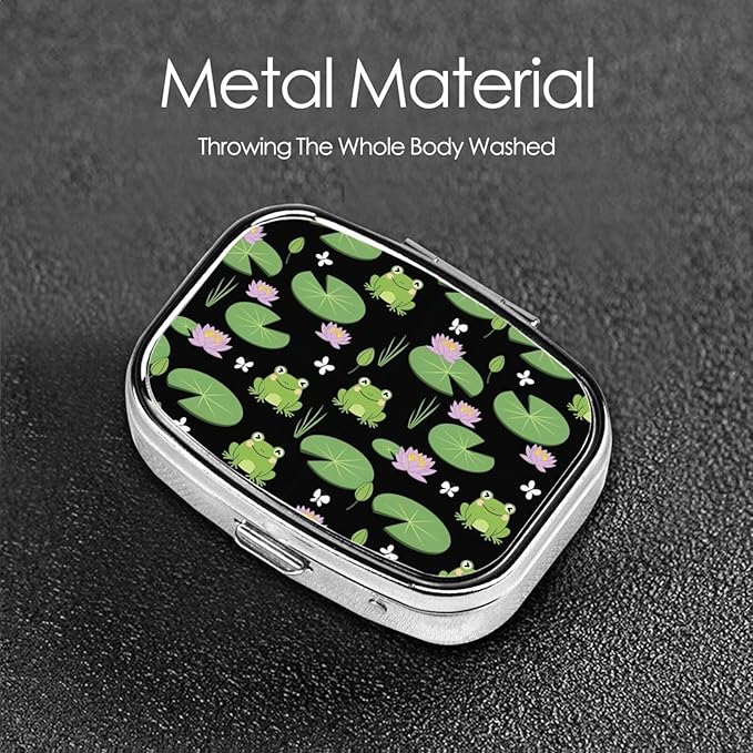 Cute Green Frogs Black Pill Organizer Travel Portable Compact Pill Box 2 Compartments Pill Case for Vitamins/Fish Oil/Meds for Purse Pocket