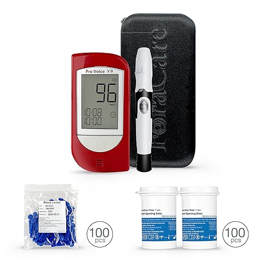FORA Pro Voice V9 Diabetes Testing Kit for Accurate and Easy Monitoring Your Blood Glucose with Talking Glucometer, 1 Meter, 100 Test Strips, 100 Lancets, 1 Painless Design Lancing Device, Carry Case