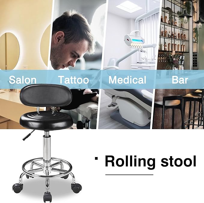 VECELO Salon Rolling Stool, Spa Chair with Backrest, Hydraulic Height Adjustable from 19.7" to 25.8" with 300 lb Capacity, for Salon, Spa, Lab (Black)